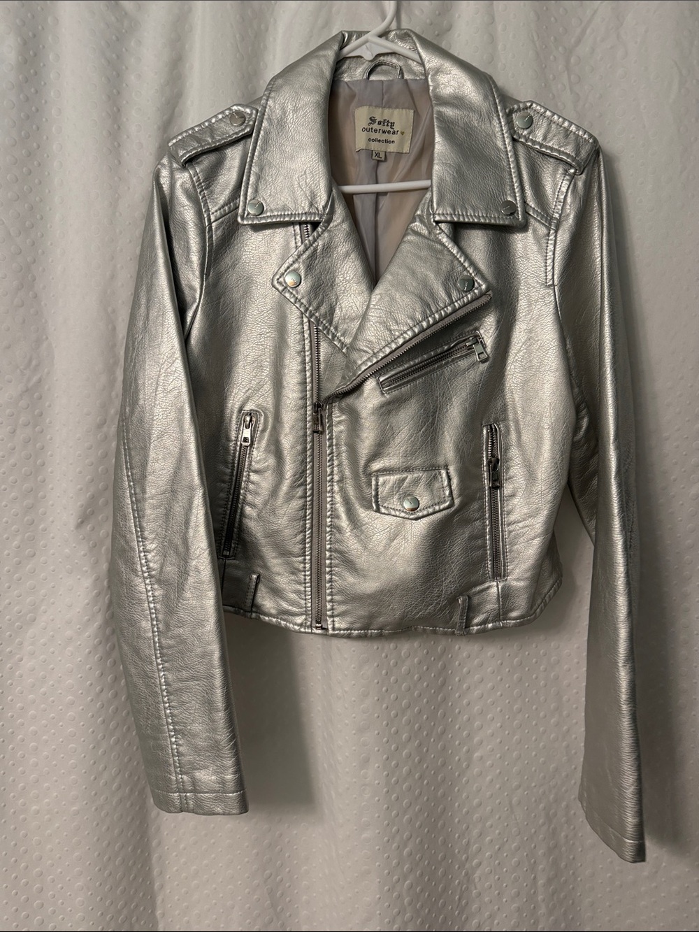 Silver Faux Leather Moto Jacket Size XL